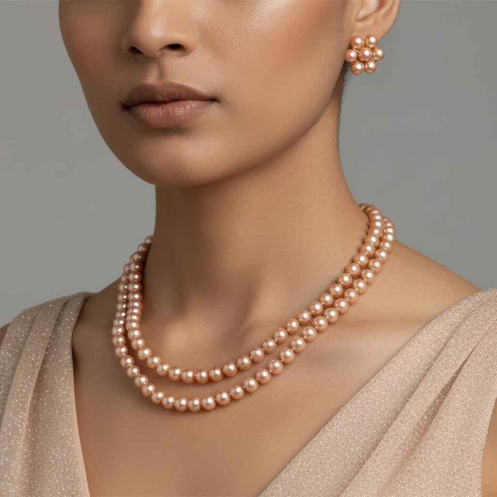 Multilayer Golden Brown Pearl Set With Earrings (Pack of 1)